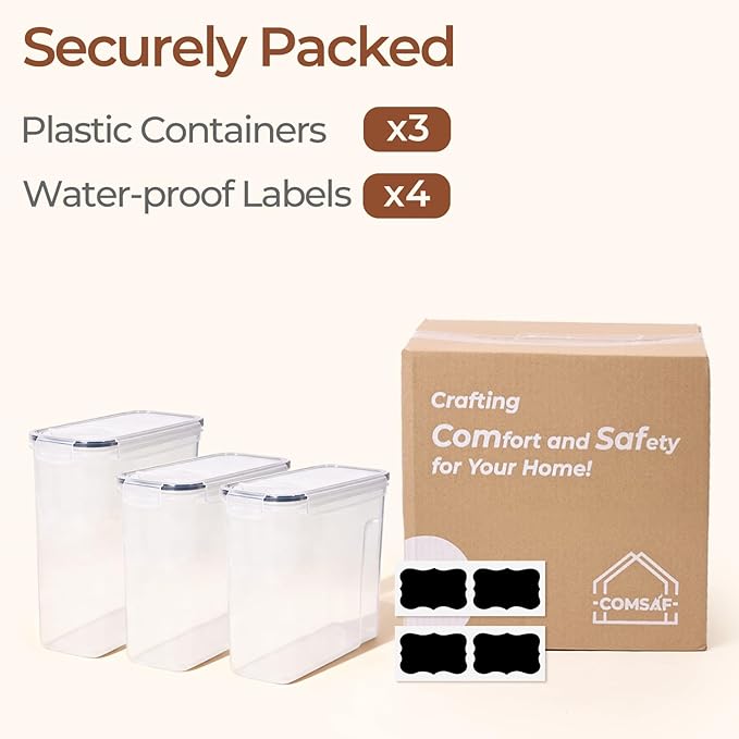ComSaf 3 PCS Cereal Storage Containers Set, Airtight Food Containers with lid for Rice Pet food, Medium & Small Cereal Dispenser for Kitchen Pantry Organization (4L + 2.5L×2)