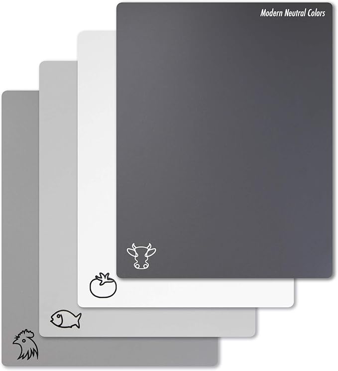 Fotouzy Flexible Plastic Cutting Board Mats with Food Icons, BPA-Free, Non-Porous, 100% Non-slip Back and Dishwasher Safe, Unique Modern Neutral Colors, Set of 4 Gray