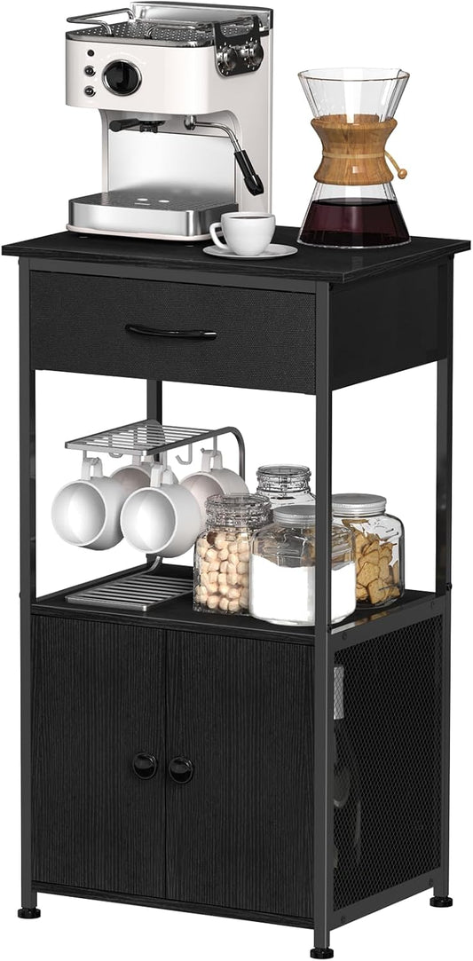 4-Tier Small Coffee Bar with Storage,Kitchen Stand,Farmhouse-Style Coffee Bar with Storage Featuring 2-Door Cabinet for Living Room,Kitchen (Black)