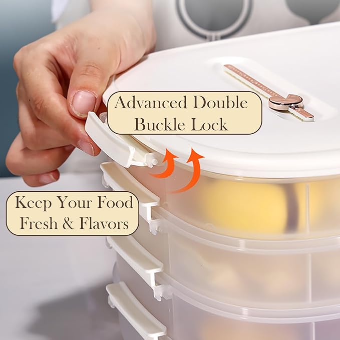 4-Layer Dumpling Storage Container – Freezer Organizer with Smart Timer, Good Sealing, Stackable Food Containers, Anti-Stick Base & Clip Lid (White Lid & Transparent Box)