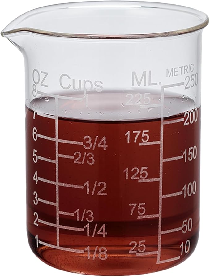 Ackers Etched Graduated Glass Measuring Cup - V-Shaped Spout- High Borosilicate Glass Measuring Cup for Kitchen or Dining, Easy to Read, 250ml (8oz, 1 Cup)