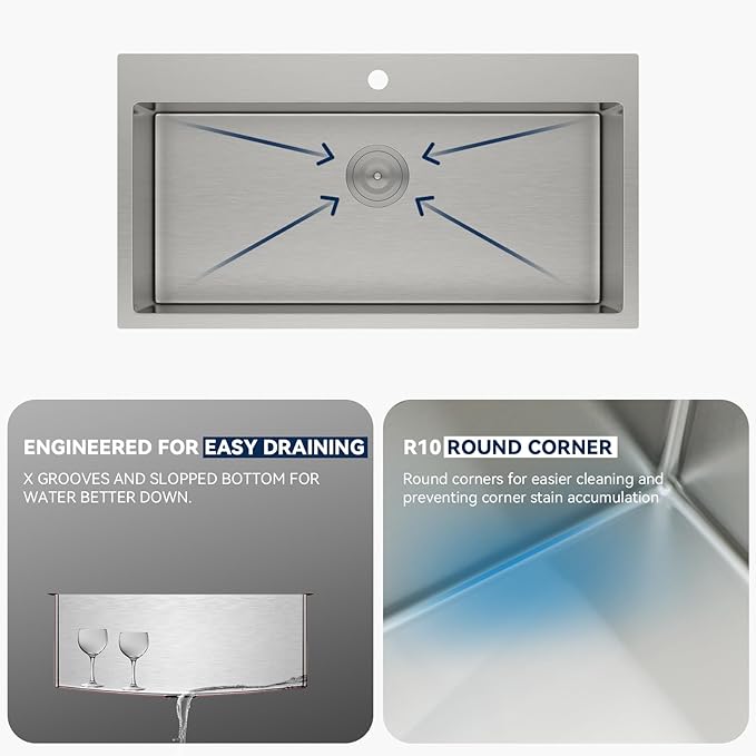 Lordear 36 Drop in Kitchen Sink - 36 x 19 Inch Topmount Kitchen Sink 16 Gauge Stainless Steel Single Bowl Deep Handmade Overmount Kitchen Sink with Drain Strainer