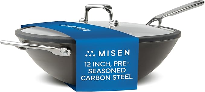 Misen Pre-Seasoned 12" Carbon Steel Wok - Naturally Nonstick - Perfect Size for Any Home Kitchen - Small Flat Bottom - Ergonomic, Stay-Cool Handles - Ready to Use, Compatible with All Cooktops