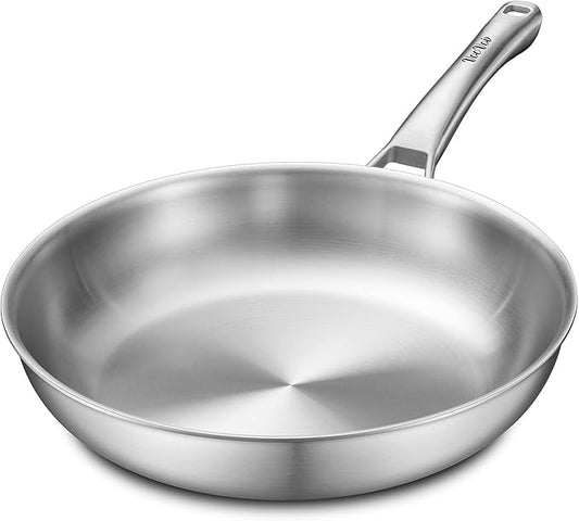 12 inch Tri-Ply Stainless Steel Pan,PFOA&PTFE Free Skillets,Chef's Pans,Dishwasher and Oven Safe Cookware, Works on Induction,Ceramic and Gas Cooktops