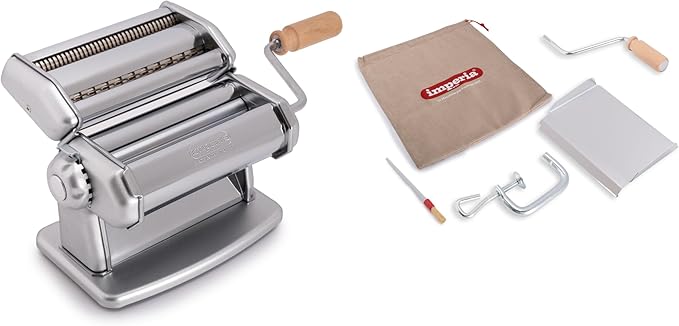 Imperia IPasta Classic Pasta Maker- 100% Made in Italy- Pasta Machine with Durable Steel Construction- Cutter Attachment Accessory for Lasagna, Fettucine & More- Manual Roller w Wooden Handle (Silver)