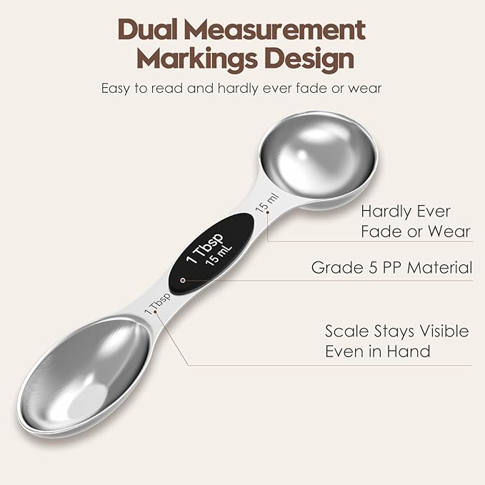 Magnetic Measuring Spoons Set of 8 | Heavy Duty 304 Stainless Steel, Triple Measurement Markings, Strong N52 Magnets, Easy to Clean, Space-Saving with Leveler Included (Black)