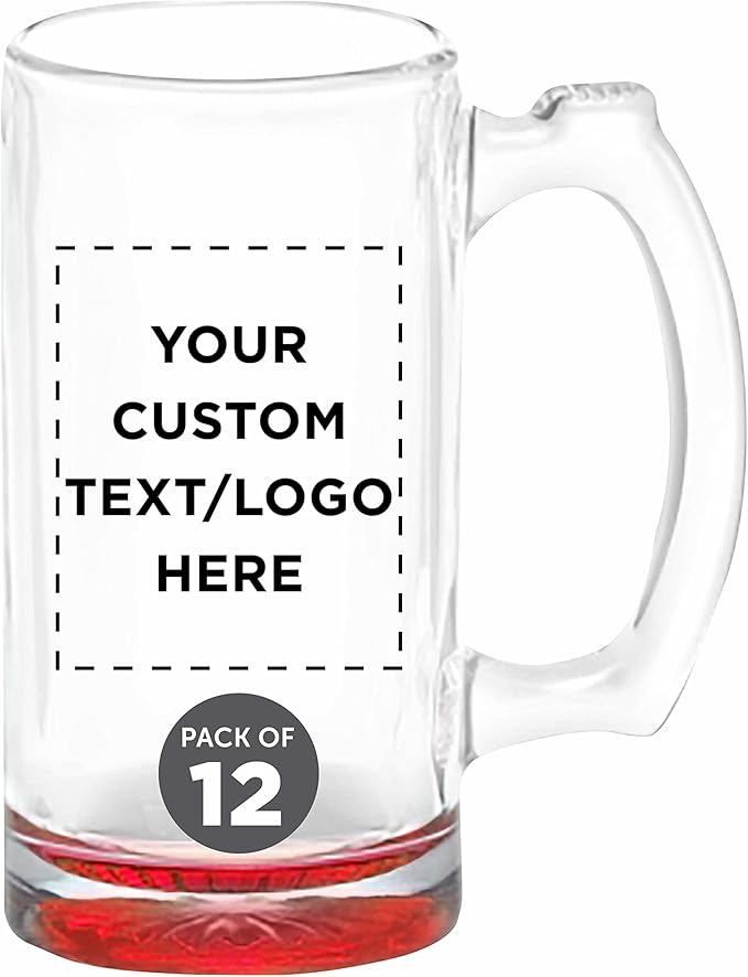 12 Libbey Beer Mugs Set, 12 oz. - Customizable Text, Logo - Groomsmen Glassware - Red