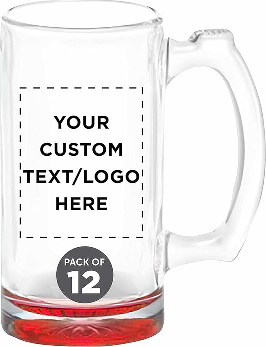 12 Libbey Beer Mugs Set, 12 oz. - Customizable Text, Logo - Groomsmen Glassware - Red