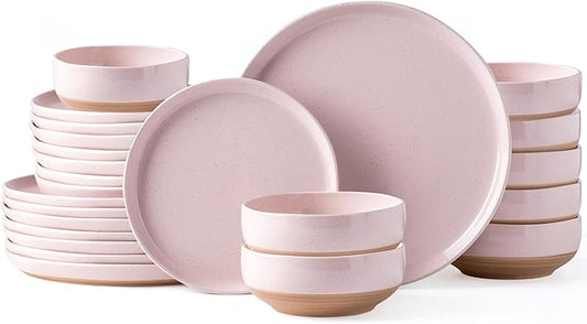 AmorArc Ceramic Dinnerware Sets for 8, 24 Pieces Handpainted Speckled Plates and Bowls Set with Rustic Terracotta Underside, Scratch Resistant Stoneware Dishes Set, Dishwasher & Microwave Safe, Pink
