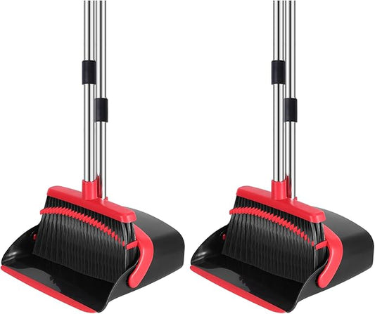 NACENA Broom and Dustpan Set, 52-in Long Adjustable Handle Broom Dustpan Combo with Dustpan Teeth to Automatically Clean Hair Suitable for Home Kitchen Office Hall Floor (Black&Red), 2 Pack