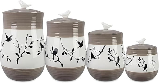 Young's Inc. 4 Pcs Set Botanical Ceramic Canisters- Storage Container for Kitchen and Bathroom - Beautiful Home Decor Accent to Store Food, Coffee, Tea, and More - Brown, White