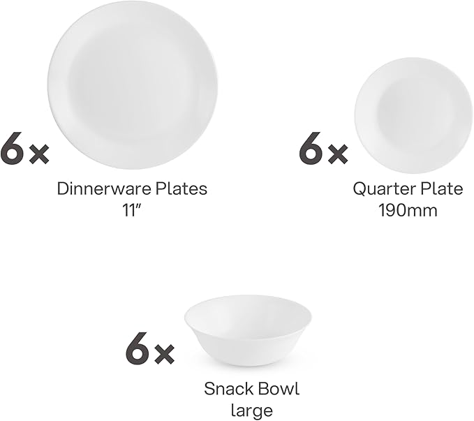 Cello Regal Dinnerware Set of 18 pieces, Service for 6, Chip & Scratch Resistant, Lightweight Round Plates and Bowls Set, Microwave & Dishwasher safe, Opalware Dinner Set, Plain