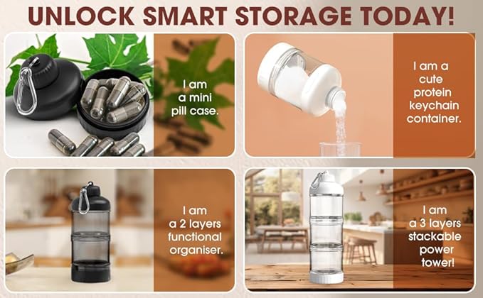 BYLWORKOUT 3 Layers Protein Travel Container with Funnel and Keychain | Cute Protein and Kitchen Storage Containers | Clear Plastic Kitchen Grade Box Organisers for Workout and Travel (White)