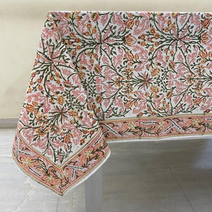Ridhi Sassy Salmon Pink Hand Block Print Cotton Rectangle Tablecloth 120 x 60 inch-Reusable Table Cover Decorative Everyday Use for Dining Room, Farmhouse, Thanksgiving, Christmas Wedding, Fall