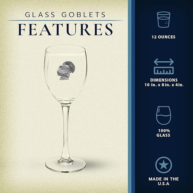 Heritage Pewter Turkeys Glass Goblets – Set of 2 | 12 OZ Goblet Wine Glasses | Expertly Crafted Pewter Glass