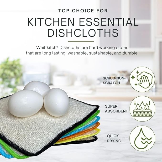Whiffkitch Dishcloths Dishrags for Kitchen and Household Cleaning 6x7 6-Pack Non-Scratch 2-Ply Weave, Bamboo-Rayon Fabric, Absorbent, Washable, Long-Lasting