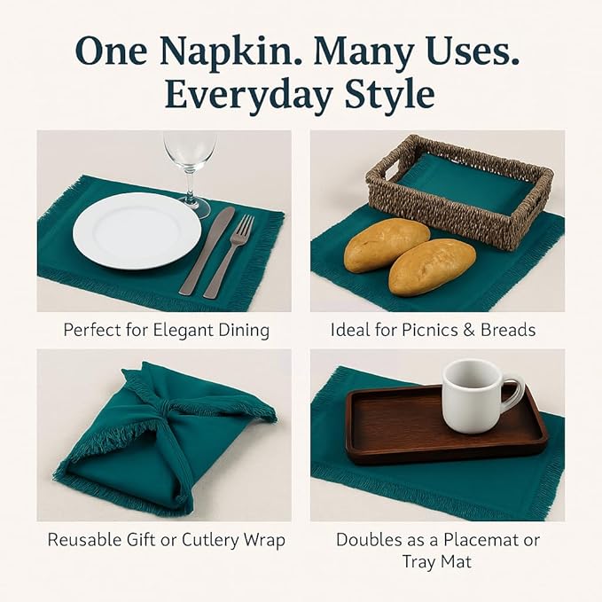 Bedding Craft Cotton Cloth Dinner Napkins Set of 12 – 18x18 Teal with Frayed Selvedge Edges – Machine Washable Reusable Fabric Napkins for Weddings, Baby Showers, Parties & Table Décor