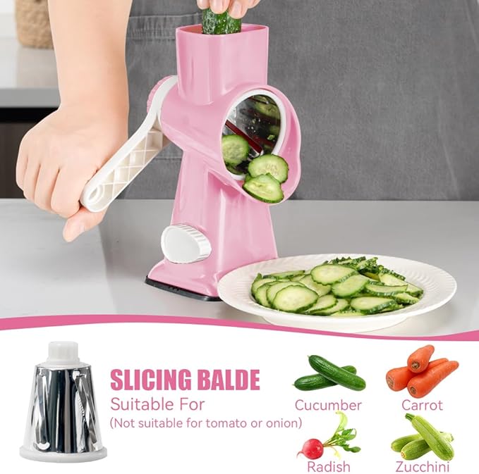 KEOUKE Rotary Cheese Grater Hand Crank Pink - Shredder Slicer Grinder 3 Stainless Steel Blades, Stable Suction, Labor-Saving Handle, Safe Kitchen Tool for Cheese, Vegetable, Nuts, Chocolate