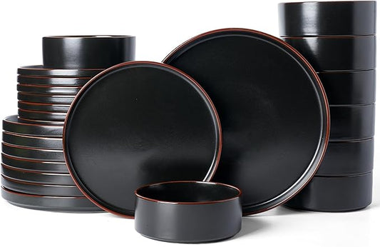 Famiware Nebula Ridge Stoneware Dinnerware Sets for 8, 24 Pieces Plates and Bowls Sets, Dishes Set, Microwave and Dishwasher Safe Kitchen Plates, Matte Black