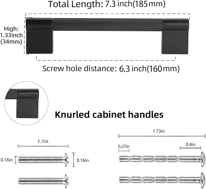 10 Pack 6-1/4 inch(160mm) Matte Black Kitchen Cabinet Handles Knurled Cabinet Pulls Black Drawer Pulls Kitchen Hardware