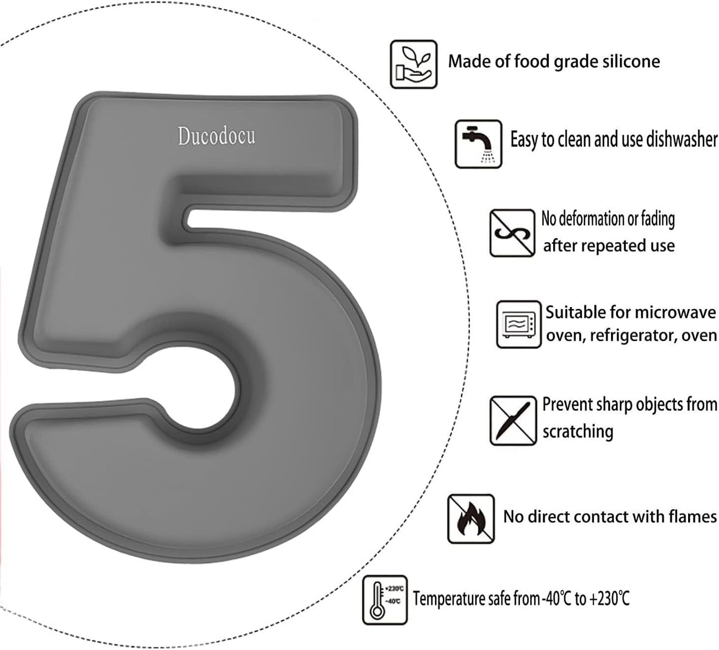 Ducodocu 3D Silicone Cake Pans Large Number Cake Mould Novelty Cake Tins DIY Baking Mold for Birthday Wedding Anniversary 10 inch Number of 5 Gray, 1 Pack