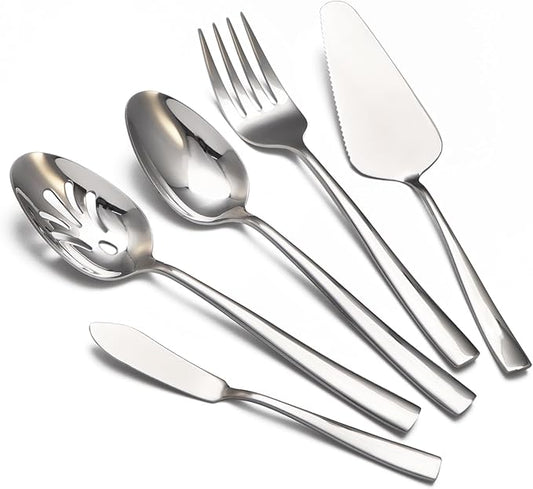Large Hostess Serving Utensils Set, Stainless Steel Heavy Duty Serving spoons, Slotted Spoons, Serving Fork, Cake Server, Butter Knife, Dishwasher Safe (Silver)