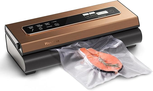 Mesliese Vacuum Sealer Machine Powerful 90Kpa Precision 6-in-1 Compact Vacuum Food Preservation System Built-in Cutter, 2 Bag Rolls & 5 Pre-cut Bags, Dry&Moist Modes Smart Suction, ETL Listed (Copper)