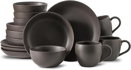 Dinnerware Sets, Stoneware Plates and Bowls Sets, Farmhouse 16 Piece Dish Set for 4, Ceramic Plates Set with Mugs for Kitchen, Scratch Resistant, Dishwasher & Microwave Safe, Matte Black