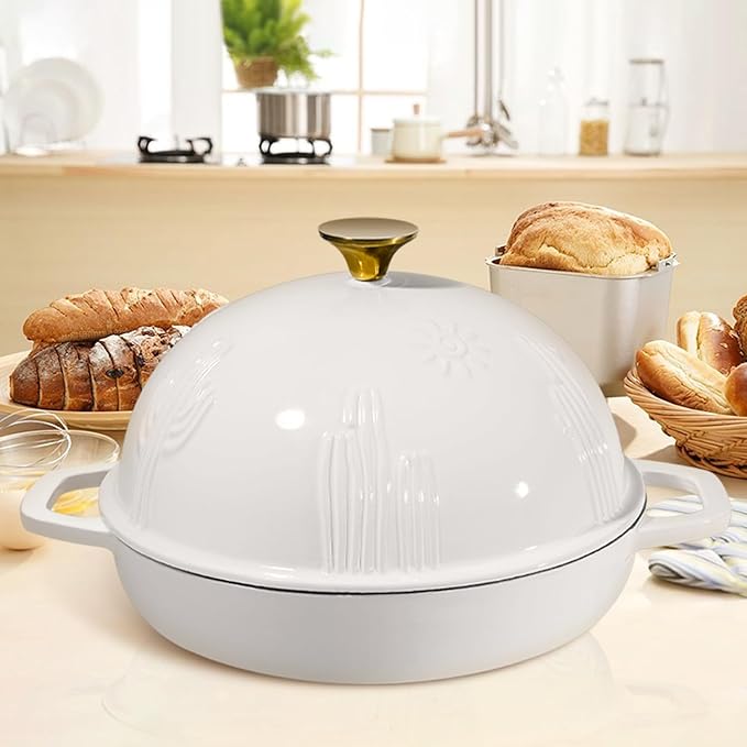 Bread Oven Cast Iron Bread Dutch Oven with Cloche Lid for Bread Baking White Enameled Cast Iron Bread Oven with Dome Lid for Sourdough, 9.8 Inches