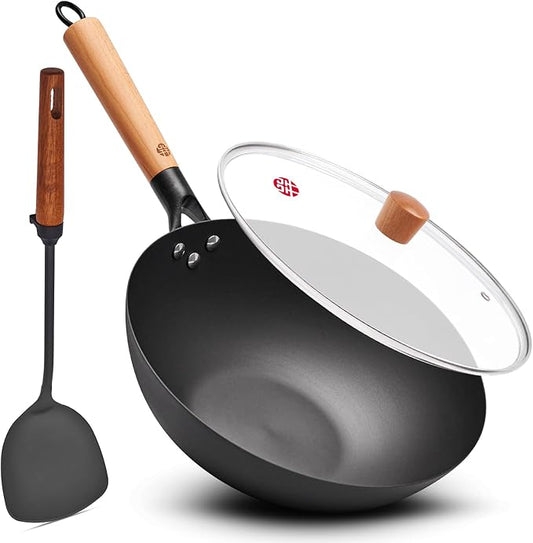 WANGYUANJI 11.8 Inch Iron Wok with Glass Lid, Flat Bottom Stir Fry Pan with Wooden Handle, Non-Coated Naturally Nonstick Skillet, Traditional Chinese Wok for Gas, Electric & Induction Cooking