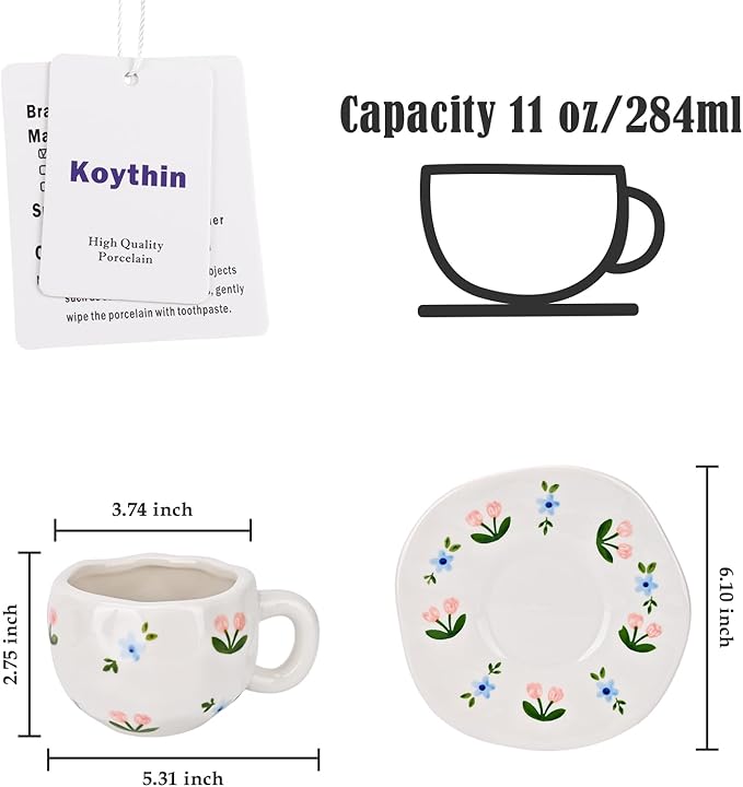Koythin Ceramic Coffee Mug with Saucer Set, Cute Creative Pink and Blue Floral Cup Unique Irregular Design for Office and Home, 10 oz/300 ml for Latte Tea Milk