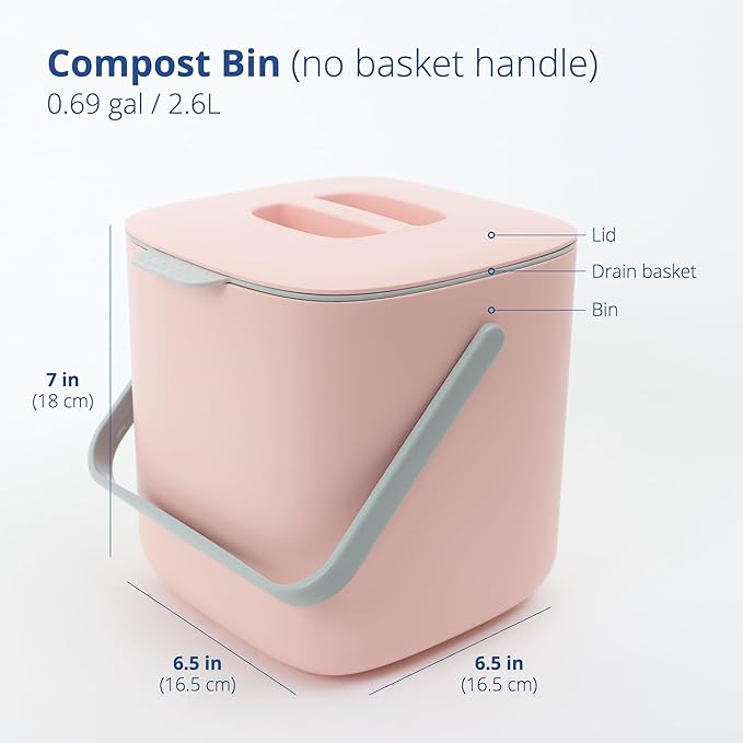 Blue Ginkgo Kitchen Compost Bin [2.6L / 0.69 GAL] – Filter-Free, Odor-Tight Countertop Food Waste Pail with Handle (Made in Korea, Pink)