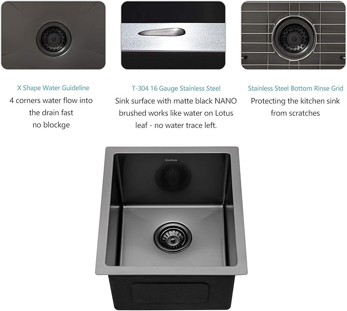 Lordear Black Bar Sink Undermount 15x17 inch Kitchen Sinks 16 Gauge Deep Single Bowl Stainless Steel Sink Basin Handmade