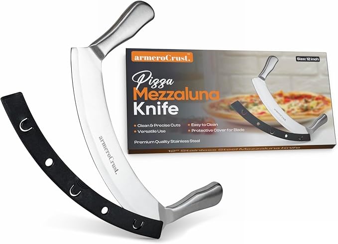 Mezzaluna Knife with Double Handle for Extra Stability - 12 Inches - Pizza Rocker for Precise Slicing of Thick Crust - Grade 18/0 Stainless Steel with Premium Finish