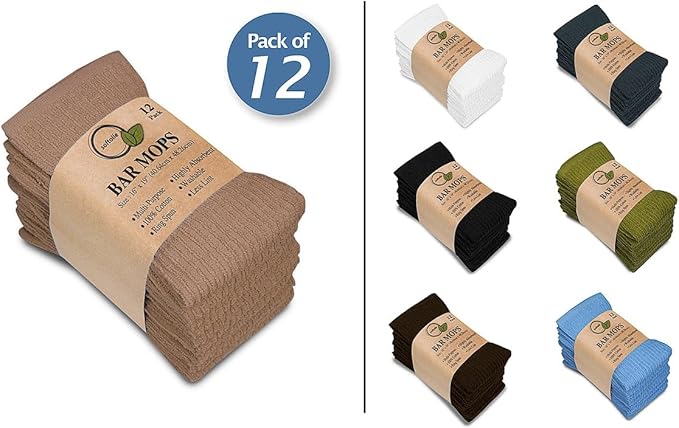 Softolle Bar Mop Towels, Pack of 12-16x19 Inches - 100% Cotton Super Absorbent Towels, Multi-Purpose for Home and Bar Cleaning (Taupe)