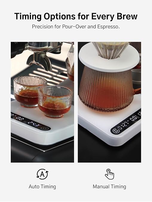 Coffee Scale with Timer and Flow Rate Tracking, 0.1g Precision, 2kg Capacity, Rechargeable, Smart App Compatible, Ideal for Espresso and Pour Over Brewing