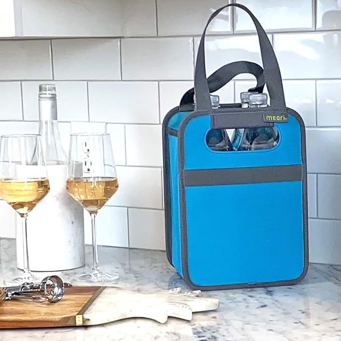 meori Foldable 4 Bottle Wine Tote Azure Blue Organize Crate Glass Dividers Stylish Travel Storage Box Liquor Spirits Tastings Grocery Shopping Hostess Gift, A100815