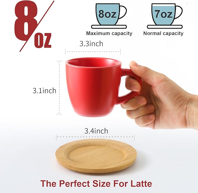 Hasense 8 oz Tea Cups and Saucers Set of 6, Ceramic Coffee Cups with Handle, Latte, Cappuccino, Espresso, Stackable for Party, Home and Kitchen, Red