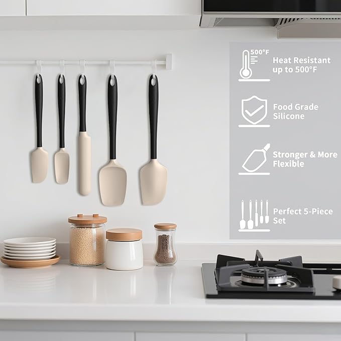 Coukre Silicone Spatula Set of 5,High Heat Resistant, Food Grade Silicone, Upgraded Extended Reinforced Handle,Dishwasher Safe, for Baking, Cooking (Beige Black, Color block)