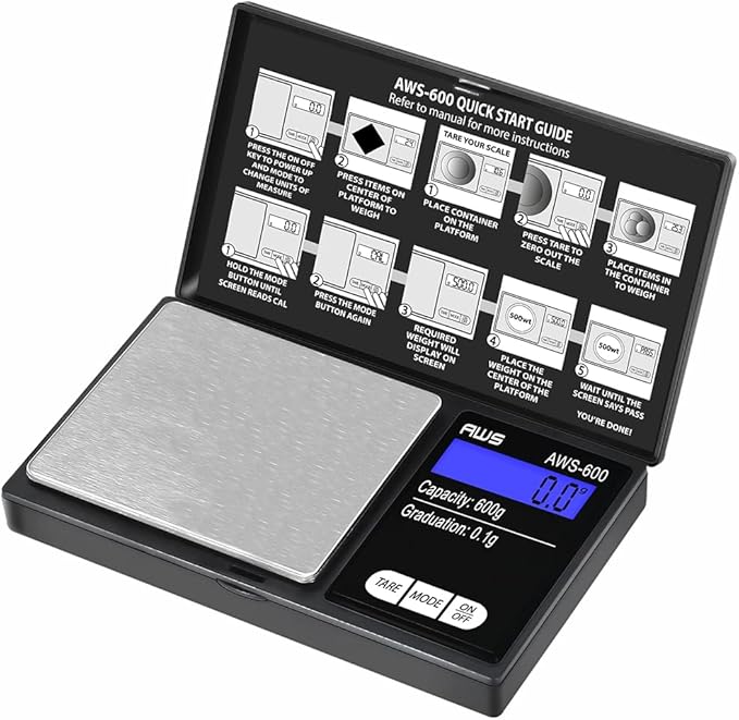 American Weigh Scales Digital Pocket Scale 600g x 0.1g with LCD Display Gram, Ounce, Carat, Grain for Coins, Jewellery, Gemstones, Metals, Kitchen, Food & Medicines – Black