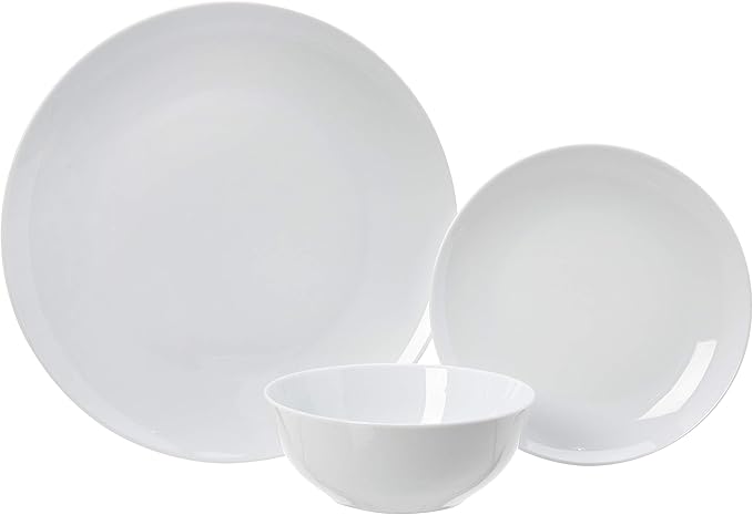 Amazon Basics Dinnerware Set, Microwave and Dishwasher Safe, Service for 6, 18-Piece Complete Kitchen, Plates, Dishes, Bowls, White Porcelain Coupe