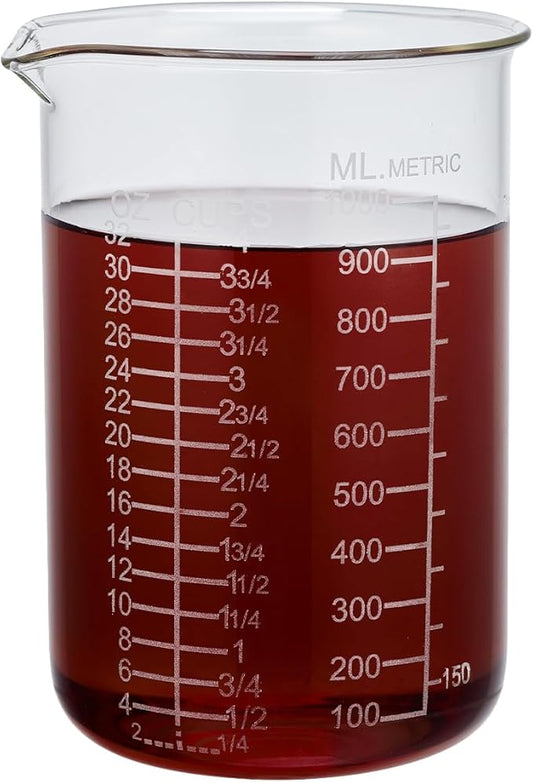 Ackers Etched Graduated Glass Measuring Cup - V-Shaped Spout- High Borosilicate Glass Measuring Cup for Kitchen or Dining, Easy to Read,1000 ML (32 Oz, 4 Cup)