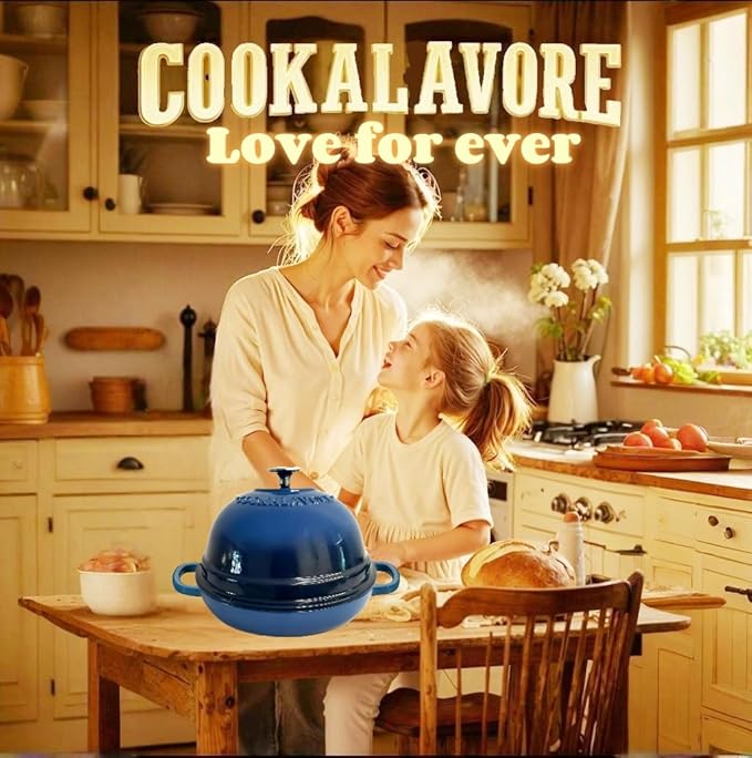 Dutch Oven for Bread Baking,6 Quart Enamel Bread Oven for Sourdough,10.5"Bread Oven with Lid,Bread Pans for Homemade Bread,Blue Thick Enamel Bread Pan-with Silicone Baking Mat&Recipe,Gifts for Family