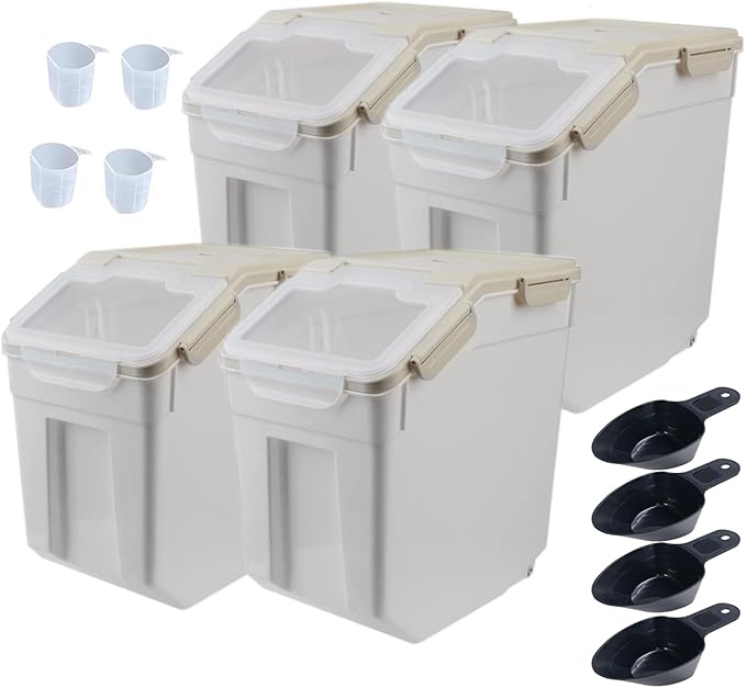 Large Flour Storage Container Bin 25lb, 4Pack Airtight Rice Storage Containers with Wheels Seal Locking Lid, BPA Free with Measuring Cup&Scoop for Flour, Rice, Grain(Gray)