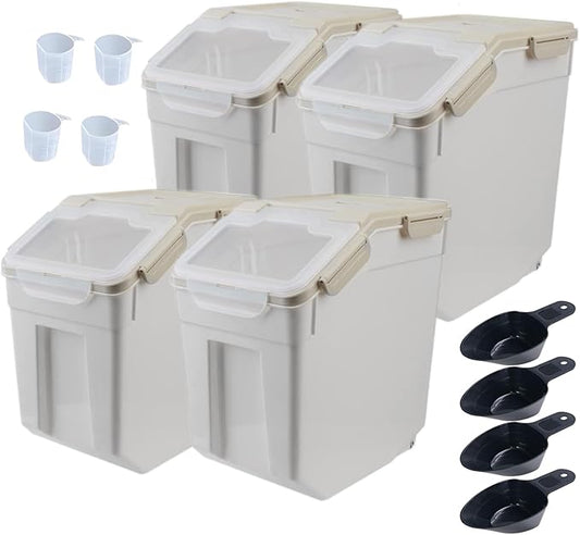 Large Flour Storage Container Bin 25lb, 4Pack Airtight Rice Storage Containers with Wheels Seal Locking Lid, BPA Free with Measuring Cup&Scoop for Flour, Rice, Grain(Gray)