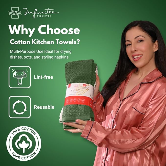 Infinitee Xclusives 100% Cotton Kitchen Towels - 15x25 Inch Ultra Soft Tea Towel, Super Absorbent Terry Dish Towels for Kitchen Linens |Green|