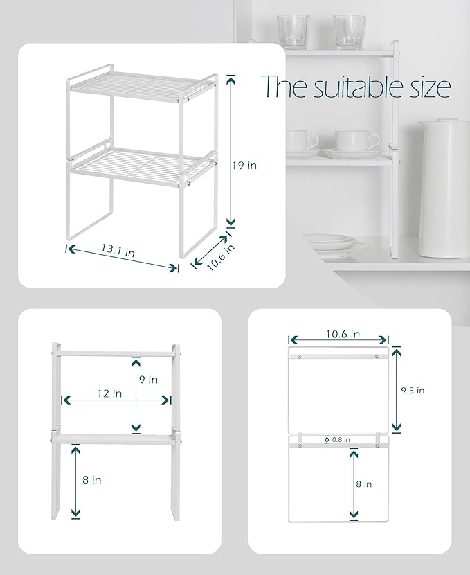 2Pack Kitchen Cabinet Shelf Counter Organizer Rack Pantry Storage Bathroom Bedroom Office Table Desk Space Saving Stackable Rust Resistant Non Slip White Tall Wide L13.1in W10.6in H9.5in