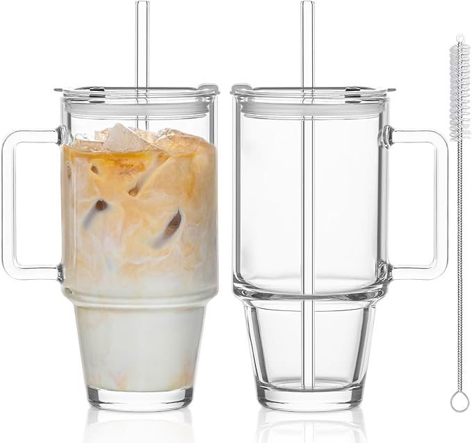 KEMORELA Glass Cups with Lids and Straws 2PCS, 24oz Clear Tumblers with Handle, Reusable Drinking Glasses for Iced Coffee, Tea, Water, Leak Proof Lid, Dishwasher Safe