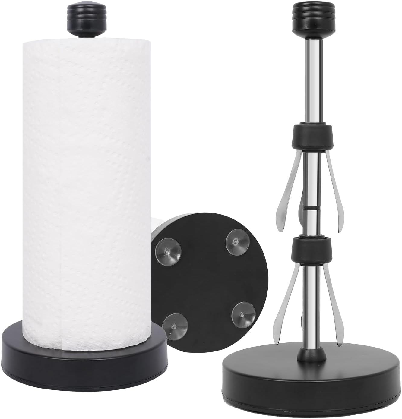 Stainless Steel Black Paper Towel Holder Designed for Easy One-Handed Operation - This Sturdy Weighted Paper Towel Dispenser Countertop Model Has Suction Cups and Holds All Paper Towel Rolls (Black)