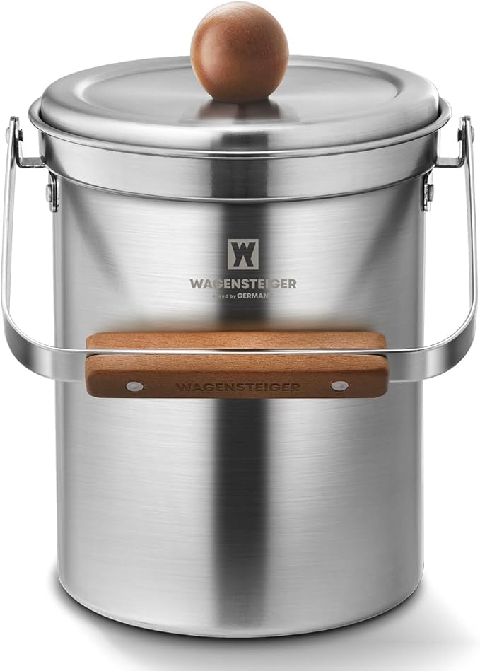 Kitchen Countertop Compost Bin 101ounces / 3Liters with Airtight Lid, SUS304 Stainless Steel Odor-Free Food Waste Bin with Wooden Handle Stylish Design/Bathroom Trash Can (Silver)